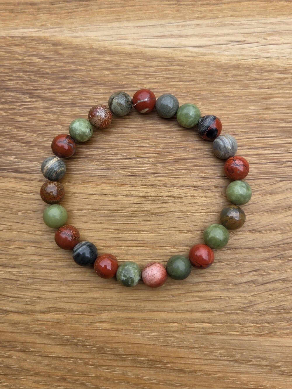 Red Brecciated Jasper & Green Serpentine Beads Stretch Bracelet - Hand Crafted